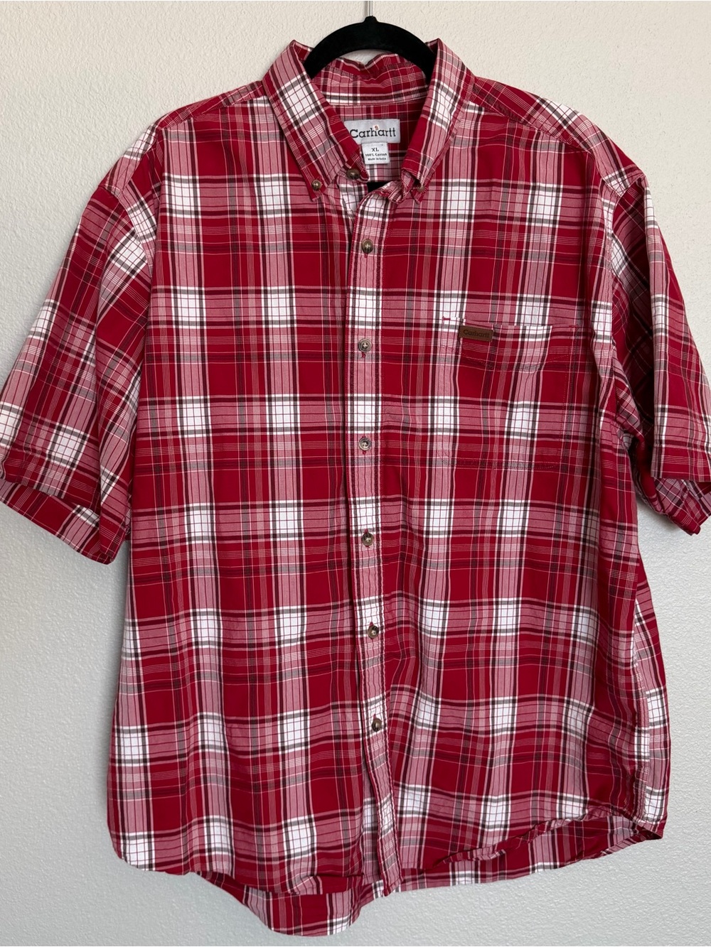 Carhartt Men’s Short Sleeve Button Up Shirt Plaid Workwear Size XL Red